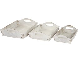 Cosmo Casa Set van 3 Dienbladen - Serveerblad - Houten - Ontbijtblad - Decoratief - Shabby Look - Vintage Ontwerp - Wit