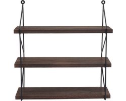 Cosmo Casa - Wandplank - Industriële Hangplank met 3 Houten Legplanken en Metalen Frame - Donkerbruin, 40x40x13cm