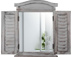 Cosmo Casa Wandspiegel - Raamspiegel met Luiken - Shabby Look - Grijs - 53x42x5cm