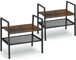 COSTWAY 2-delige set opbergrekken met 2 verdiepingen, stapelbaar schoenenrek, roosterrek van hout en metaal, compact opbergrek voor woonkamer, slaapkamer, entree, organizer, rek met metalen frame