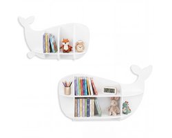 COSTWAY 2-delige Walvis Muurplank voor Kinderen, Zwevende Plank met Vakken, Houten Speelgoedplank Montessori, Hangplank voor Kinderkamer, Slaapkamer, Wit