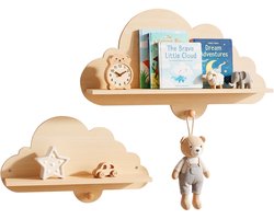 COSTWAY 2-delige zwevende wandplank voor kinderen, wolkvormig schap van massief hout, wandgemonteerd kinderplank met haken, Montessori boekenplank voor kinderen, hangplank voor kinderkamer, speelkamer, wit (natuur)