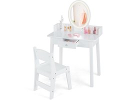 COSTWAY 2-in-1 Houten make-up tafel voor kinderen - Met kruk en verlichting