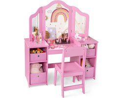 Costway 2-in-1 Kind kaptafel - Roze make-uptafel met spiegel en kruk