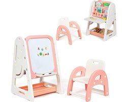 COSTWAY 2 In 1 Kinder Kunst Schildersezel, Dubbelzijdig Magnetisch Droog wisbord en Kinder boekenrek met Stoel en Opvouwbaar Bureaublad, Verstelbare Staande Schildersezel met Letters en Cijfers Magneten, 4 Markers en 1 Gum (Oranje)