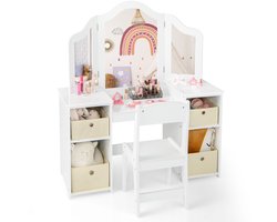 COSTWAY 2-in-1 Kinderkaptafel en Bureau Met Afneembare Spiegel, Open Vakken, Houten Kaptafel Met Stoel, Wit