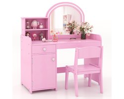 COSTWAY 2-in-1 kinderkaptafelset, kaptafel met kruk, ledverlichting, spiegel, kast en lade, make-uptafel van hout voor meisjes, voor kinderen vanaf 3 jaar (roze)