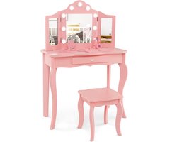 COSTWAY 2-in-1 kindermake-uptafel, kaptafel met ledverlichting, inklapbare spiegel en laden, make-uptafel prinses voor kinderen en meisjes (roze)