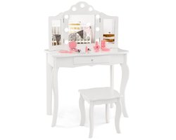 COSTWAY 2-in-1 kindermake-uptafel, kaptafel met ledverlichting, inklapbare spiegel en laden, make-uptafel prinses voor kinderen en meisjes (wit)