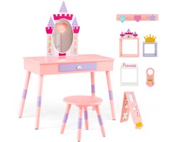 COSTWAY 2-in-1 kindermake-uptafel met kruk, kaptafelset van hout met lade, afneembare spiegel, groeiliniaal, 3 haken en 3 kubusplanken, kaptafel voor kinderen vanaf 3 jaar, roze