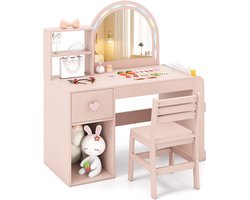 COSTWAY 2 in 1 Make-uptafel voor kinderen met verlichting, kindermake-uptafel met kleurrijke spiegel, boekenrek & lade, kaptafel van hout, make-uptafel set voor meisjes vanaf 3 jaar (Roze)