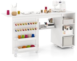 COSTWAY 2-in-1 naaimachinekast, inklapbaar, bureau, multifunctionele naaimachinetafel met legvlakken, 18 klemmen en verborgen bakken, naaitafel met vergrendelbare wielen, wit