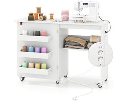 COSTWAY 2-in-1 naaitafel inklapbaar met laadstation, houten naaimachinekast met planken, naaikast met afsluitbare wielen, naaimachinetafel, knutseltafel voor woonkamer, slaapkamer (wit)