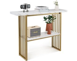COSTWAY 2-Laags Console Tafel, 120cm Wit Kunstmarmer Banktafel met Open Planken, Goud Stalen Frame, Moderne Ingangstafel, Compacte Rechthoekige Foyer Tafel, Smalle Banktafel voor Woonkamer, Gang