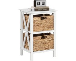 COSTWAY 2-traps nachtkastje met zeegrasmanden, smal X-design bijzettafel, salontafel met acaciahouten poten, opbergkast voor woonkamer, slaapkamer, walnoot (36 x 30 x 57 cm)