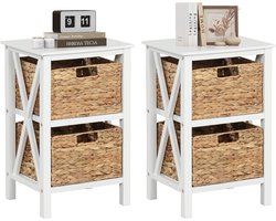 COSTWAY 2-traps nachtkastje met zeegrasmanden, smal X-design bijzettafel, salontafel met acaciahouten poten, opbergkast voor woonkamer, slaapkamer, walnoot (36 x 30 x 57 cm, set van 2)