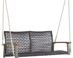 COSTWAY 2-Zits Buiten Schommelbank, PE Rotan Opknoping Schommelstoel met 2 Opknoping Touwen, Gebogen Rugleuning & Acaciahout Armleuningen, 360 kg Gewichtscapaciteit, Veranda Schommel voor Dek, Patio, Tuin, Balkon