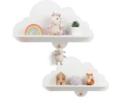 COSTWAY 2er Set Wandregal Kinder, Zweefplank in Wolkvorm van Massief Hout, Wandgemonteerd Kinderplank met Haken, Kinderboekenplank Montessori, Hangplank voor Kinderkamer, Speelkamer, Wit (Wit)