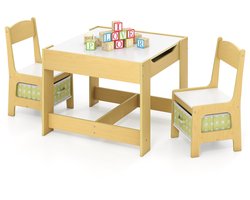 COSTWAY 3-delig. Kindersitzgruppe, kindertafel met 2 stoelen van hout, 3-in-1 tekentafel & activiteitentafel & schoolbordtafel, kindermeubels kindersitzgarnituur voor peuters van 3-7 jaar (Groen)