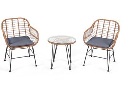 COSTWAY 3-delige bistroset 2 rotanstoelen & gehard glas bijzettafel & zitkussens, rotan balkonset zitgarnituur, tuinmeubilair tuinmeubelen zitgroep