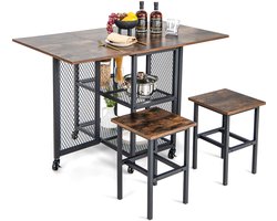 COSTWAY 3-delige eettafelset, inklapbare keukentafel op wielen met 2 krukken en 2 planken, keukentafel, eetgroep, uittrekbaar voor kleine ruimtes