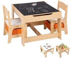 COSTWAY 3-delige kinderzitgroep, kindertafel met 2 stoelen van hout, 3-in-1 schildertafel & activiteitstafel & tafeltafel, kindermeubel, kinderzitgarnituur voor peuters van 3 tot 7 jaar (natuur)