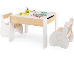 COSTWAY 3-delige kinderzitgroep van hout, 4-in-1 kindertafel met 2 stoelen en afneembaar bord, kindermeubelset met opbergruimte voor speelkamer, kleuterschool (wit), HY10080DE