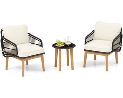 COSTWAY 3-delige rotan terrasmeubelset, 2 mandstoelen en glazen bijzettafel met kussens, outdoor tuinmeubelset voor veranda, achtertuin, zwembad