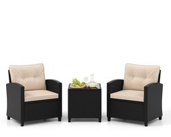 COSTWAY 3-delige rotan tuinmeubelset, 2 persoons balkonmeubels, 2 stoelen en tafel, balkonset, terrasmeubels, tuingarnituur,loungeset voor terras, balkon, tuin