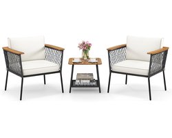 COSTWAY 3-delige rotan tuinmeubelset acaciahout, terrasmeubelen incl. 2 rotanstoelen en bijzettafel, zitgroep met rugkussens en zitkussens, zitmeubelen voor veranda, balkon