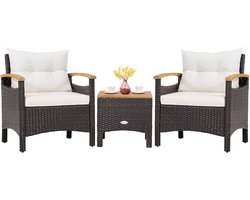 COSTWAY 3-delige rotan tuinmeubelset, rotanmeubel met 2 stoelen en 1 bijzettafel, tuinset met acaciahouten plaat en zitkussen, polyrotan tuinlounge, tuingarnituur zitgroep