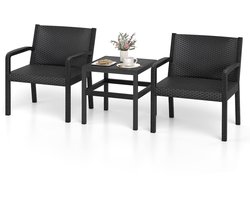 COSTWAY 3-delige rotan tuinmeubelset, weerbestendig balkonmeubel van PP, balkonset incl. 2 stoelen met tafel, terrasmeubels, tuinset, zitgroep voor balkon, terras, tuin (zwart)