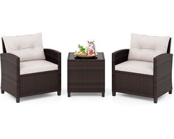 COSTWAY 3-delige set rotan tuinmeubelen, polyrotan zitgroep, 2 stoelen & 1 bijzettafel, balkonmeubel, bistroset, tuingarnituur, tuinlounge tuinset incl. glasplaat & zitkussen, bruin