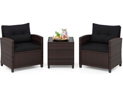 COSTWAY 3-delige set rotan tuinmeubelen, polyrotan zitgroep, 2 stoelen & 1 bijzettafel, balkonmeubel, bistroset, tuingarnituur, tuinlounge tuinset incl. glasplaat & zitkussen, bruin