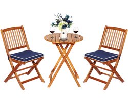 COSTWAY 3-delige terrasmeubelset, inklapbaar, met ronde tafel en 2 stoelen, ergonomische zitset van acaciahout met 2 kussens, bistroset voor balkon, tuin, terras, achtertuin (blauw)