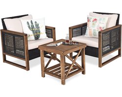 COSTWAY 3-delige tuinmeubelen acaciahout set incl. 2 rotanstoelen en bijzettafel, zitgroep met rugkussens en zitkussens, zitgarnituur voor veranda, balkon
