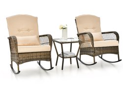 COSTWAY 3-delige tuinmeubelset, balkonmeubels met kussens, balkonset met 2 PE-rotan-schommelstoelen en tafel, zitgroep, terrasmeubels voor balkon, tuin, veranda