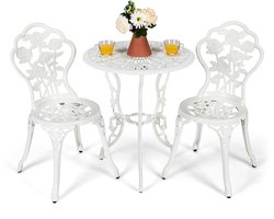 COSTWAY 3-delige tuinmeubelset, balkonset met 2 stoelen en tafel, balkonmeubels van gegoten aluminium en gietijzer, terrasmeubels, tuinset, zitgroep voor terras, balkon, tuin, wit