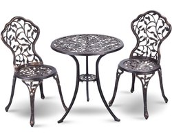 COSTWAY 3-Delige tuinmeubelset, bistroset, gegoten bladpatroon antieke buiten tuin tuinmeubilair, weerbestendig tuin ronde tafel en stoelen (Bruin)