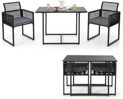 COSTWAY 3-delige tuintafelset met 2 rotan tuinstoelen, bistroset incl. zitkussens, tuingarnituur, balkonset, ruimtebesparend, terrasmeubel, zitgroep voor balkon en tuin