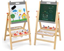 COSTWAY 3-in-1 kinderezel van grenenhout, dubbelzijdig, whiteboard, krijtbord en tekenpapier, in hoogte verstelbaar/inklapbaar, kinderbord met legplank en accessoires (grijs)