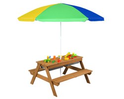 COSTWAY 3-in-1 kinderpicknicktafel, tuintafel met parasol en banken, kinderzitgroep van hout met afneembaar tafelblad en 2 speelboxen, kindermeubelset voor tuin, achtertuin, terras (geel)
