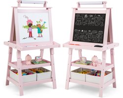 COSTWAY 3-in-1 kinderschildersezel, kinderbord dubbelzijdig, whiteboard & krijtbord & tekenpapier, staande tafel incl. magneten, 2 planken houten bord met 2 opbergdozen (roze)