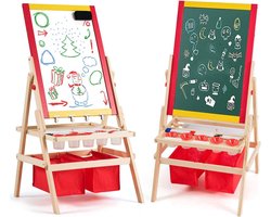 COSTWAY 3-in-1 kinderschildersezel, whiteboard & krijtbord & rol tekenpapier, kinderbord dubbelzijdig, staand bord, speelbord, houten bord, incl. 2 opbergdozen en accessoires