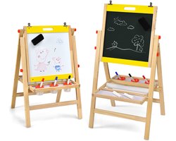 COSTWAY 3-in-1 kinderschildersezel, whiteboard & krijtbord & tekenpapier in hoogte verstelbaar, kinderbord met plank en accessoires (geel)