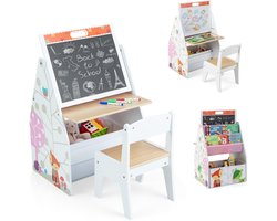 COSTWAY 3 in 1 kindertafel & kunstezel & krijtbord, kinderzitgroep met magneetbord & whiteboard & stoffen mand & boekenplank, kinderplank met opbergruimte voor jongens en meisjes (wit)
