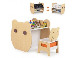 COSTWAY 3-in-1 kindertafel met berenvormige stoel, tekentafel met omkeerbaar krijtbord & whiteboard, kindersitzgroep met haken, stoffen lade, opbergruimte, activiteitentafel voor kinderen vanaf 3 jaar (Natuur)