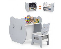 COSTWAY 3-in-1 Kindertafel met Stoel in Berenvorm, Tekentafel met Omkeerbaar Krijtbord & Whiteboard, Kindersitgroep met Haken, Stoffen Lade, Opbergruimte, Activiteitentafel voor Kinderen vanaf 3 jaar (Grijs)