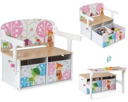 COSTWAY 3-in-1 kindertafel met zitbank, kinderzitgroep met 2 afneembare manden, kinderzitbank met opbergruimte, speelgoedkist met rugleuning, zitkist voor kinderkamer (wit)