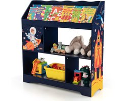 COSTWAY 3-in-1 speelgoedrek, 3 verdiepingen tellend kinderrek met opbergvakken en deur, speelgoedorganizer, boekenkast voor speelkamer, woonkamer, kleuterschool, 93 x 30 x 100 cm (blauw)
